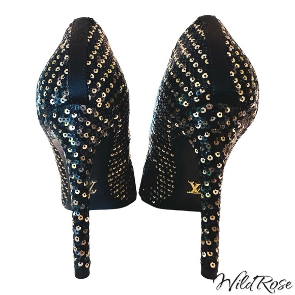 Louis Vuitton LV ‘Midnight Sun’ Black & Gold Sequins Pointy Toe Leather Pumps 36 - Picture 4 of 16